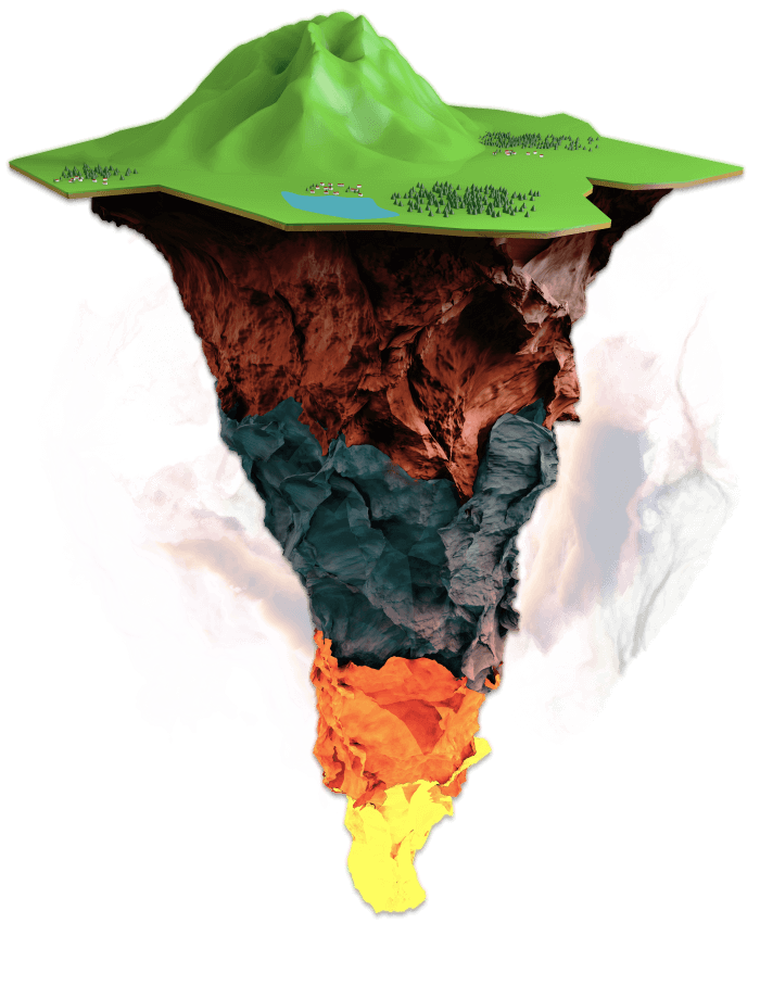 A cut out of the Earth, showing all of the different layers from its surface to its molten core