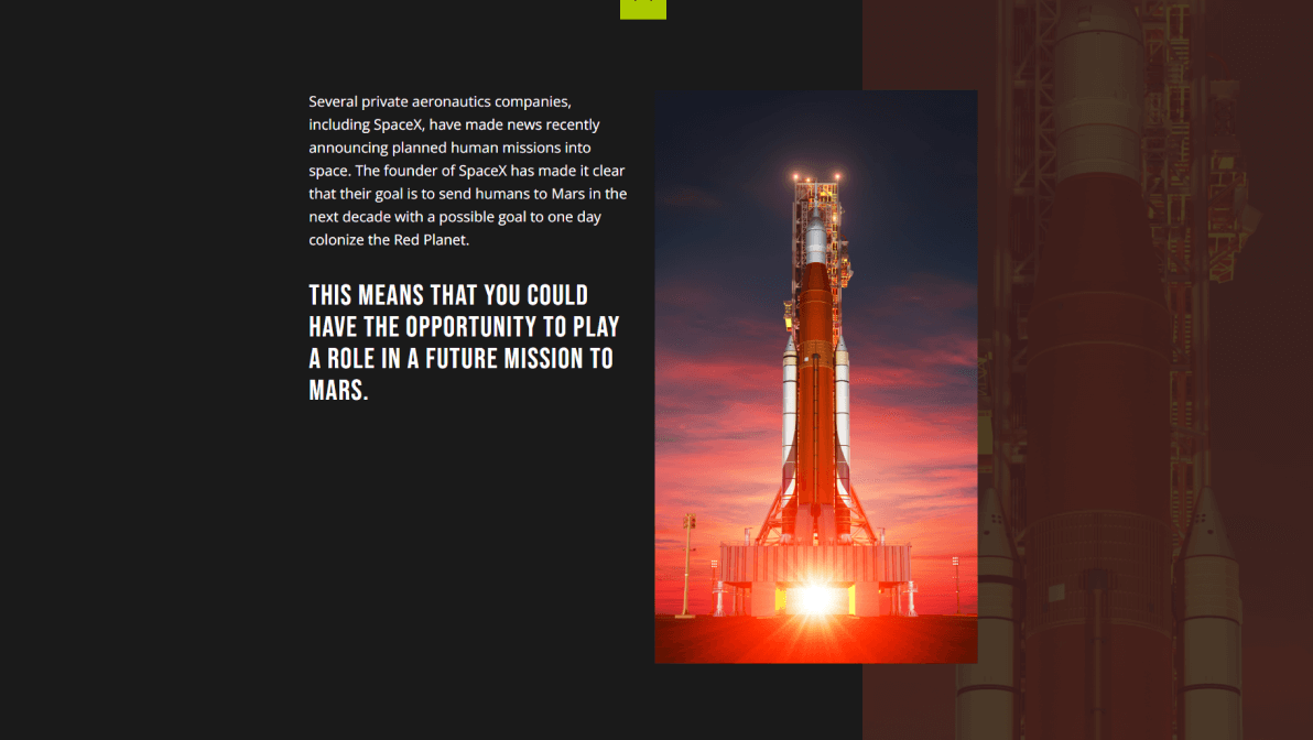 A slide within the course that displays a modern-day rocket ship with text discussing several private aeronautics companies and their pursuit of a mission to Mars