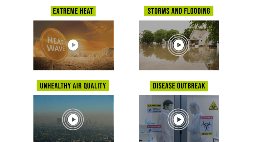 A slide within the course that shows 4 watchable videos titled, "Extreme Heat," "Storms and Flooding," "Unhealthy Air Quality," and "Disease Outbreak"
