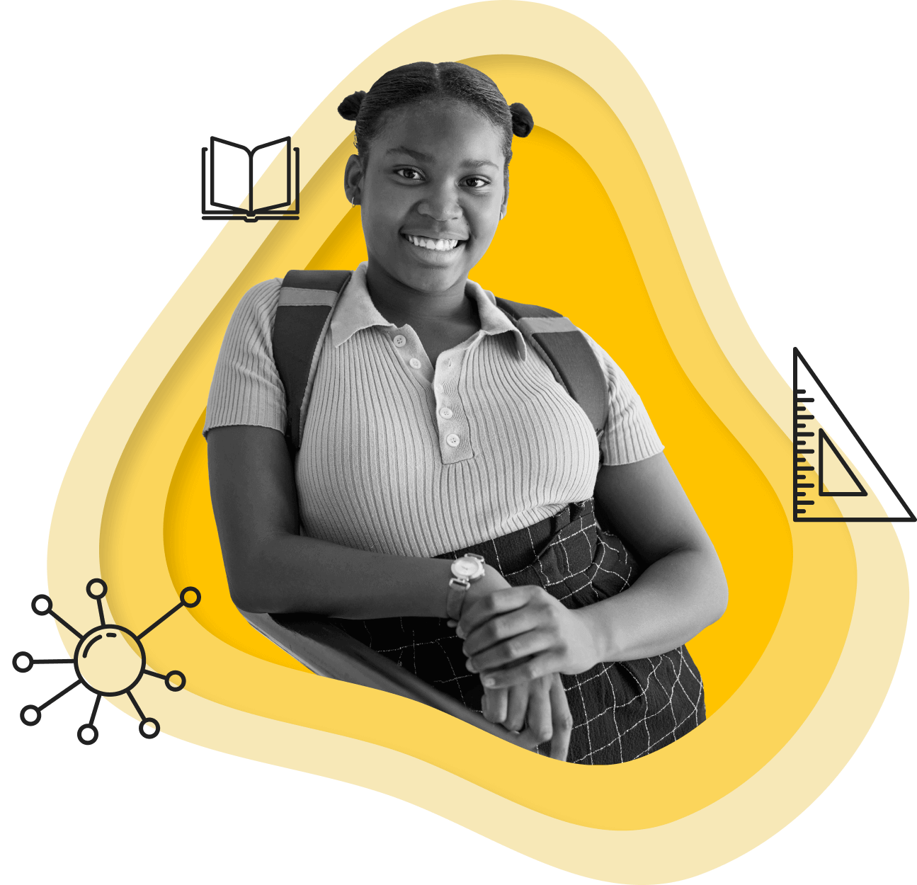 Smiling female student inside of a yellow blob with education icons around her