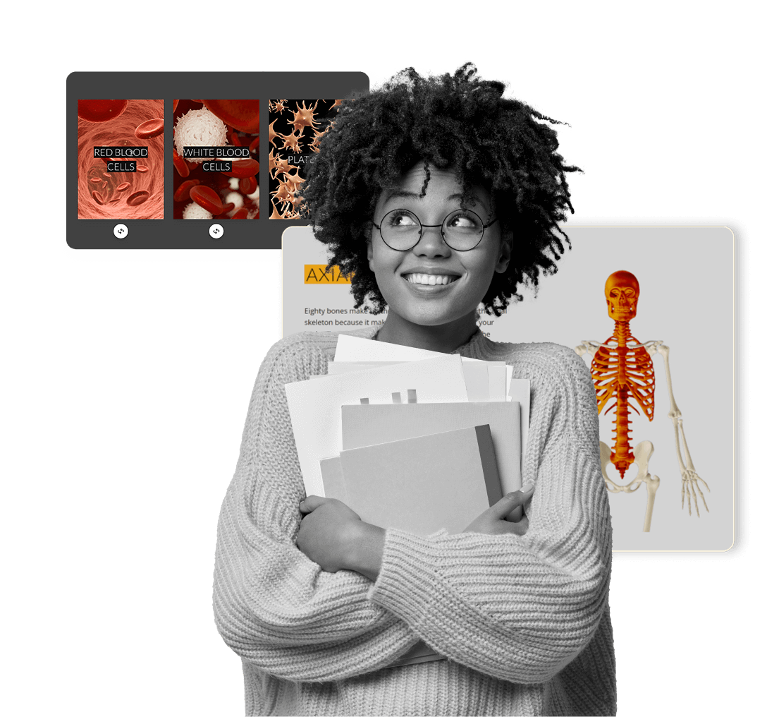 Girl smiling holding her books with screencaps behind her of the inside of the course showing the human skeletal body